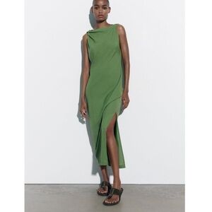 Zara Linen Ruched Maxi Dress Apple Green Women’s Medium Side Slit